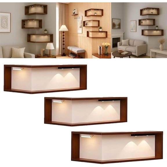 Smart Corner Shelves, Smart Corner Shelf with Light for Home Display, Set of 3 Wooden Corner Floating Storage Shelves, Illuminated Corner Shelf for Collectibles & Space-Saving Decor