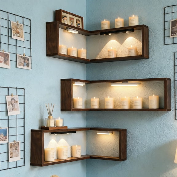 Smart Corner Shelves That Light Up Your Space Corner Floating Storage Shelves Wooden Wall Mounted Corner Shelf Display Rack Space Saving Rack Khaki