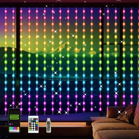 Smart Curtain Lights RGB Color Changing Christmas Curtain Lights, USB Powered with Remote/APP Control Curtain String Lights Waterproof for Backdrop,Bedroom,Window,Patio,Wedding,Decoration (8Ft x 6Ft)