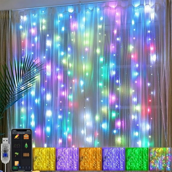 Smart Curtain String Lights 96 LEDs Christmas DIY App and Remote Control 3 x 5 FT Dynamic Music Timer Waterproof Color Changing for Backdrop Holiday Party