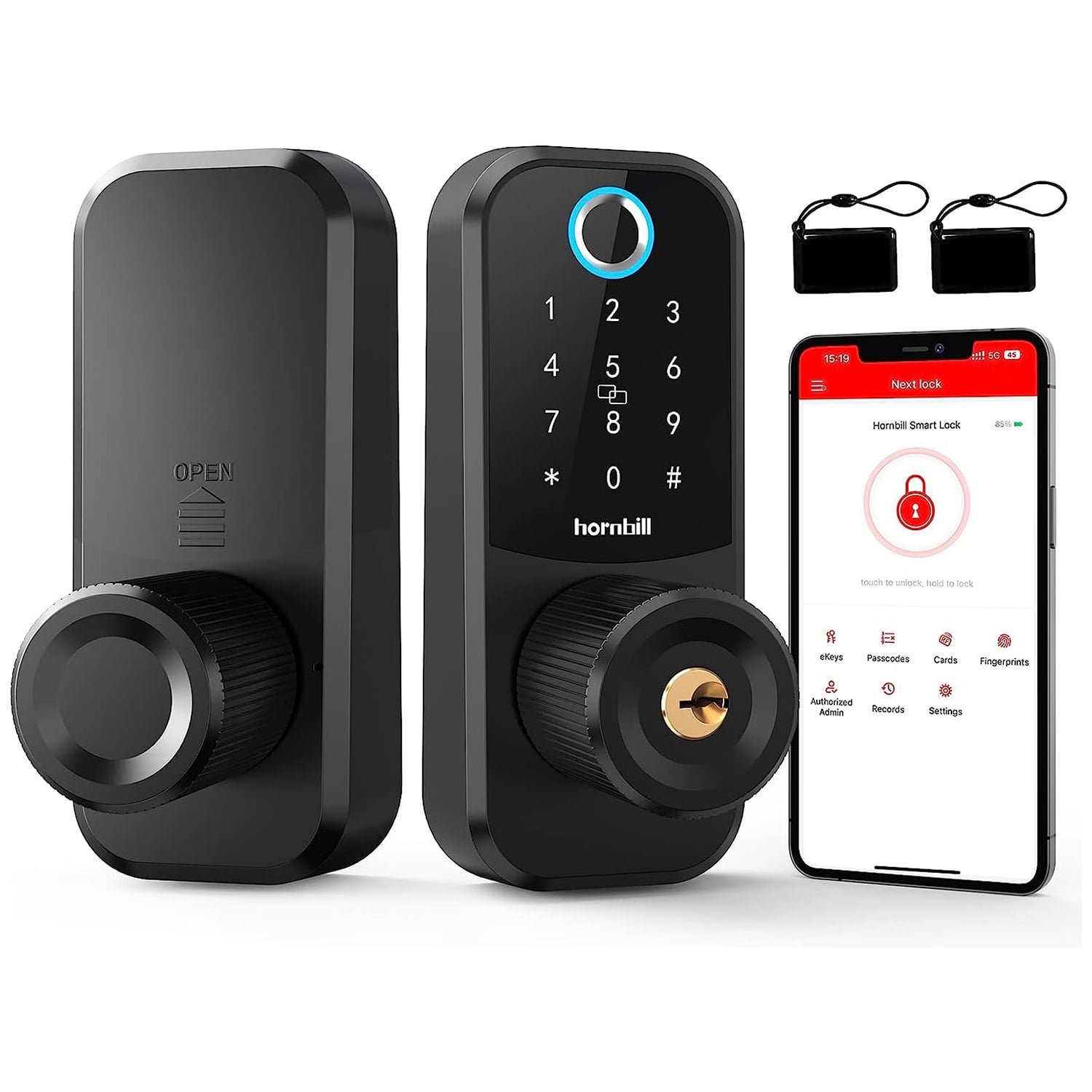 Smart Deadbolt Lock with Fobs, Hornbill Smart Lock, Keyless Entry Door Lock, Electronic Digital