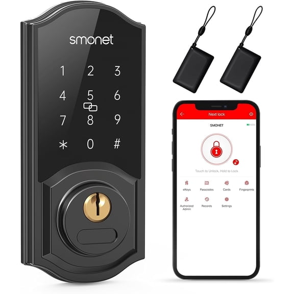 Smart Deadbolt, SMONET Keyless Entry Door Lock with Keypad, Electronic Front Door Bluetooth, Touchscreen Digital, Remote Share Codes, Send ekeys, Free APP, Easy to Install for Home, Apartment