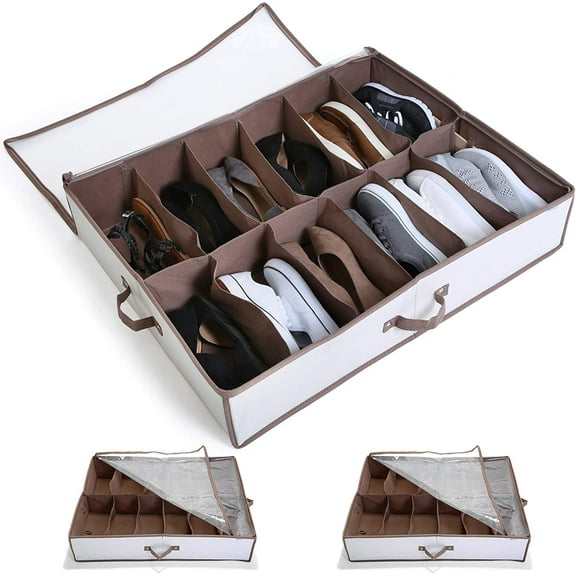 Smart Design 12 Compartment Underbed Shoe Organizer Set of 3 Storage with Aromatic Cedar - Holds 12 Pairs of Shoes - Durable Heavy Duty Cotton Canvas - 30 x 6 Inch - Beige