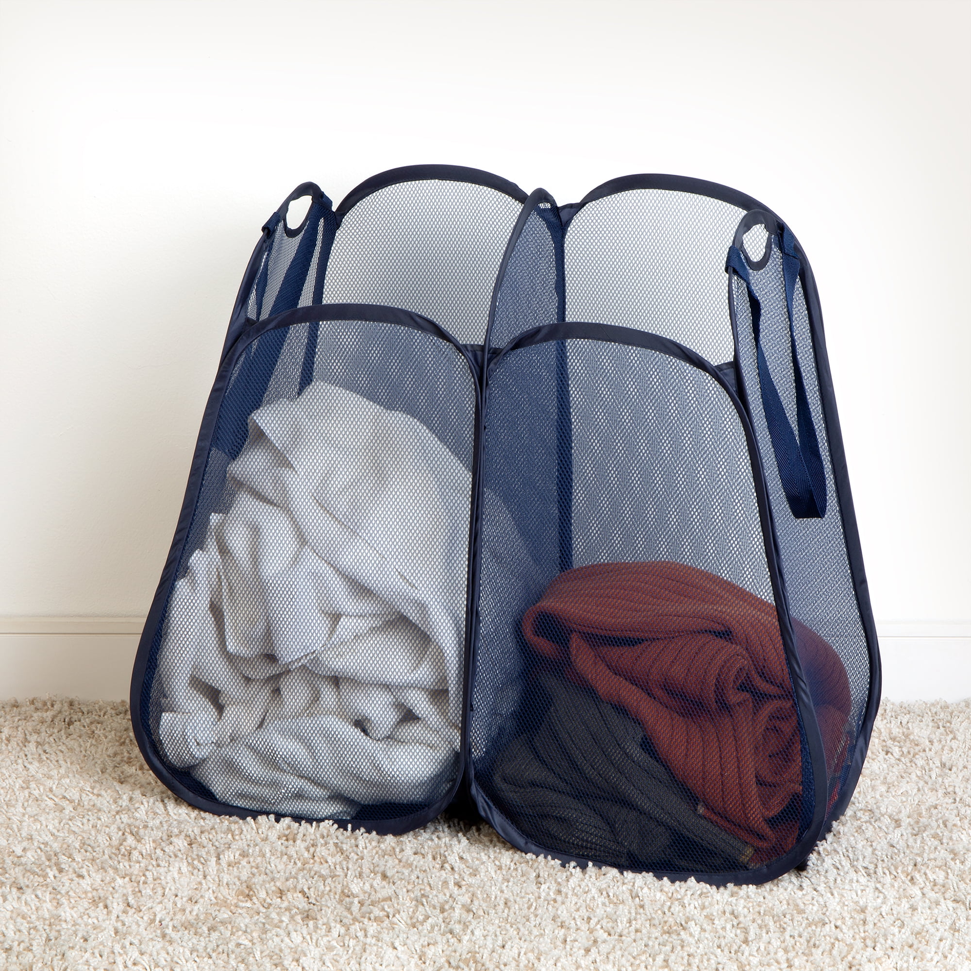 Smart Design Mesh Pyramid Bedroom Hamper, 2 Compartments, Blue ...