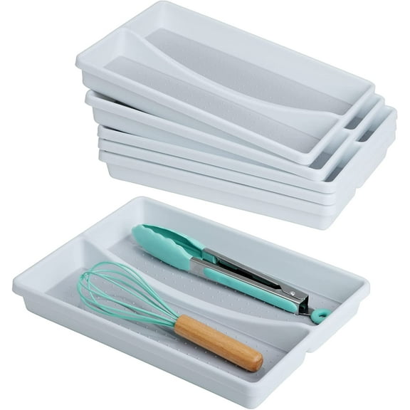 Smart Design 2 Compartment Plastic Drawer Organizer - Set of 6 - Non-Slip Lining and Feet - BPA Free - Utensils, Flatware, Office, Personal Care, or Makeup Storage - Kitchen - White with Gray