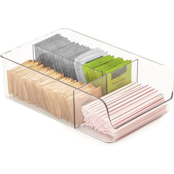 Smart Design 3 Compartment Clear Bin Organizer - BPA Free Plastic Resin - Tea, Sugar, Straws, Fridge, Freezer, Cabinet, Food, Pantry Storage - Kitchen Organizer - Clear