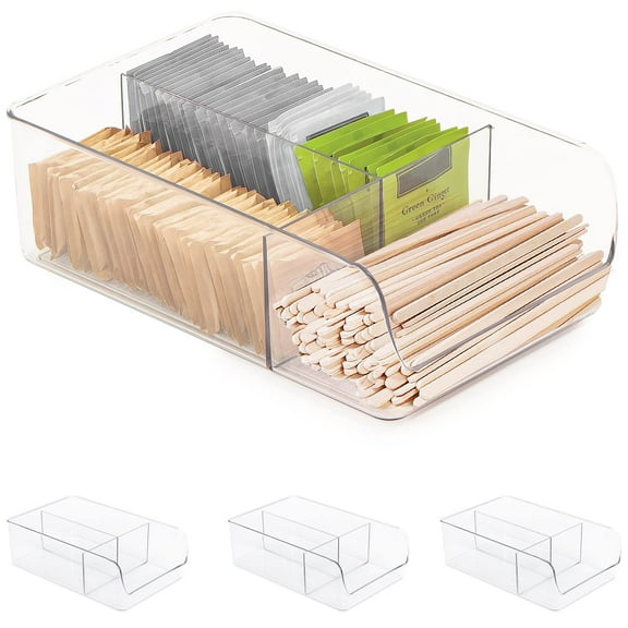 Smart Design 3 Compartment Clear Bin Organizer - Set of 4 - BPA Free Plastic Resin - Tea, Sugar, Straws, Fridge, Freezer, Cabinet, Food, Pantry Storage - Kitchen Organizer - Clear