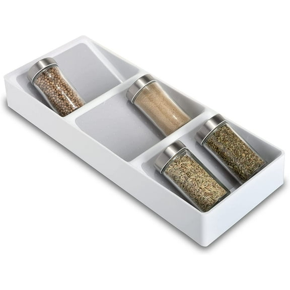 Smart Design 3 Section Plastic Spice Rack Drawer - Non-Slip Lining and Feet - BPA Free - Personal Care, or Makeup Storage - Pantry Kitchen Organizer - White with Gray