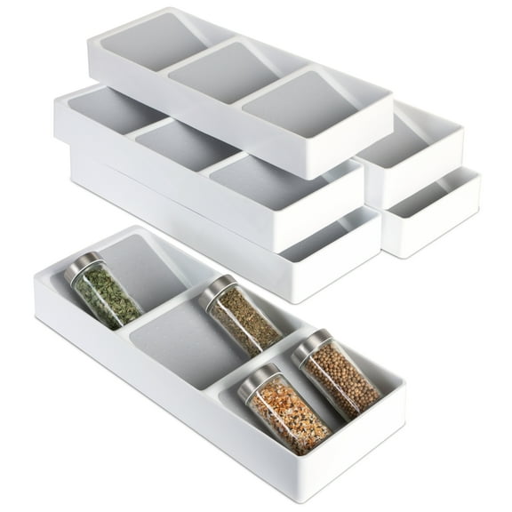 Smart Design 3 Section Plastic Spice Rack Drawer - Set of 6 - Non-Slip Lining and Feet - BPA Free - Personal Care, or Makeup Storage - Pantry Kitchen Organizer - White with Gray