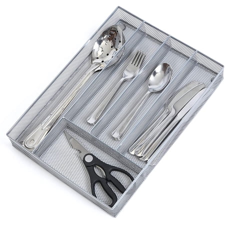 Smart Design 5 Compartment Drawer Organizer - Steel Mesh Mesh - Makeup Tray, Vanity, Utensils, Silverware Storage Bin - Kitchen - Silver