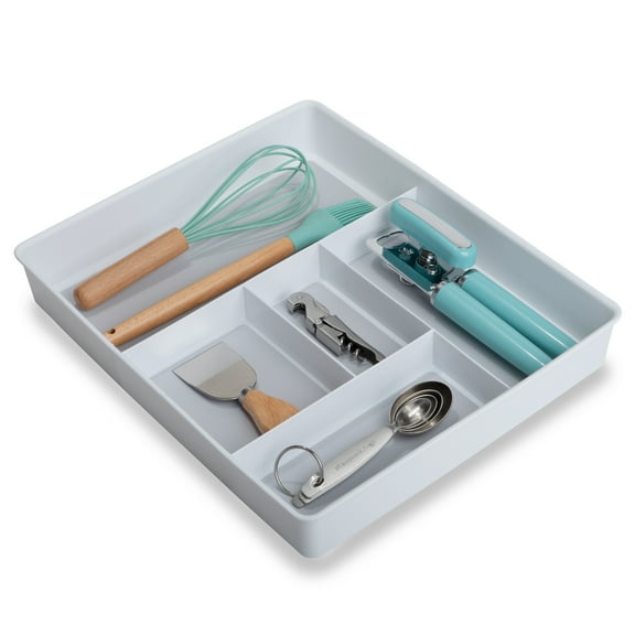 Smart Design 5 Compartment Plastic Drawer Organizer - Non-Slip Lining and Feet - BPA Free - Utensils, Flatware, Office, Personal Care, or Makeup Storage - White with Gray