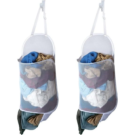 Smart Design Deluxe Mesh Over The Door Pop Up Hamper - Set of 2 - Hanging Hook and Adjustable Strap - Durable VentilAir Mesh Material - for Laundry and Clothes - Holds 3 Loads - 17 x 28 Inch - White