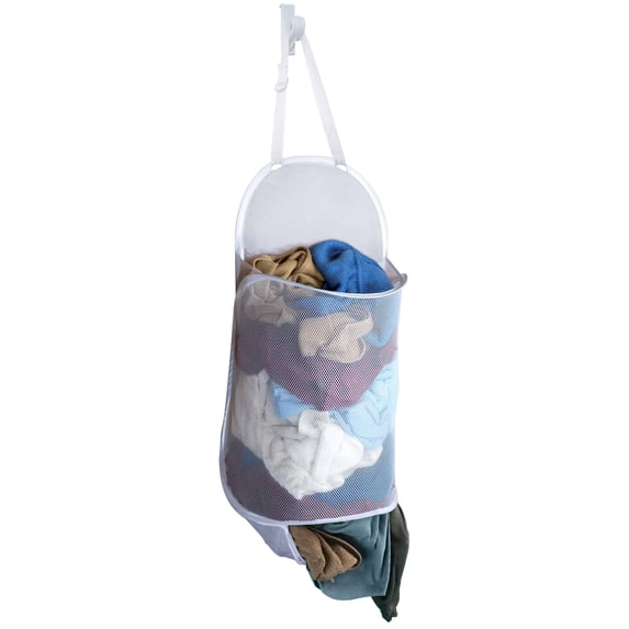 Smart Design Deluxe Mesh Over The Door Pop Up Hamper with Hook and Adjustable Strap - VentilAir Mesh Material - for Laundry and Clothes - Home - Holds 3 Loads - 17 x 28 Inch - White