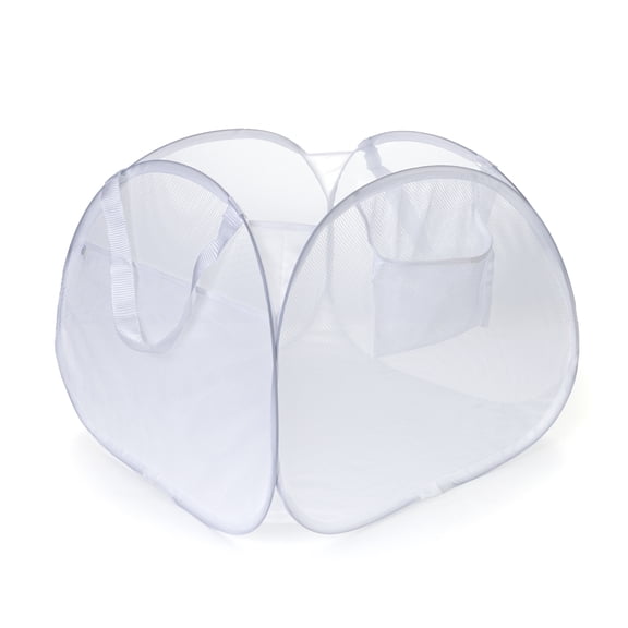Smart Design Deluxe Mesh Pop Up Square Laundry Basket Hamper with Side Pockets and Handles - Holds 2 Loads - 17 x 14 inch - White