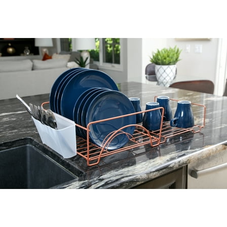 Smart Design Expandable Dish Drainer Drying Rack with Cutlery Cup - Steel Metal Wire - Fits in Standard Sinks - Dishes, Cups, Silverware Organization - Kitchen - 13.5 x 20.63 Inch - Rose Gold