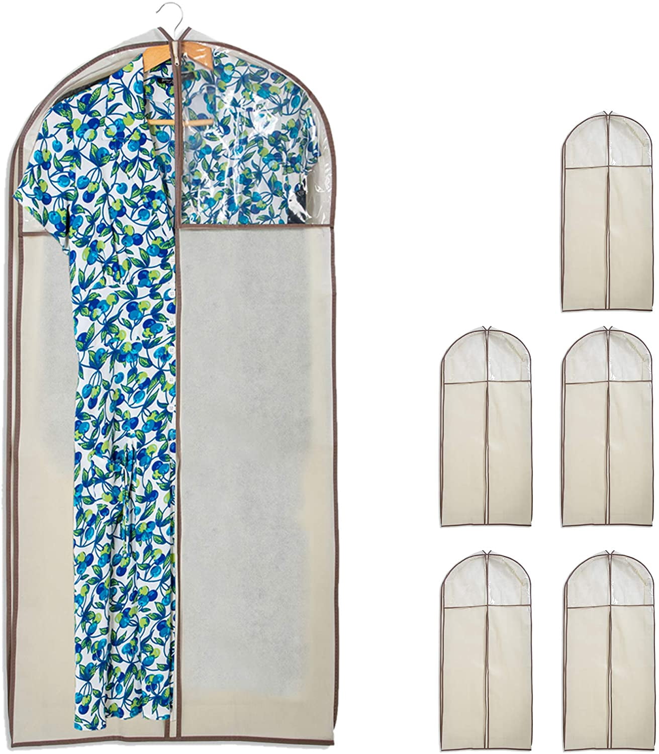Smart Design Gusseted Garment Bag with Clear Window - Set of 6 - 24 x 54 Inch - Includes Zipper Closure and Travel Loop - Suits, Dresses, and Gowns Storage Organization - Beige
