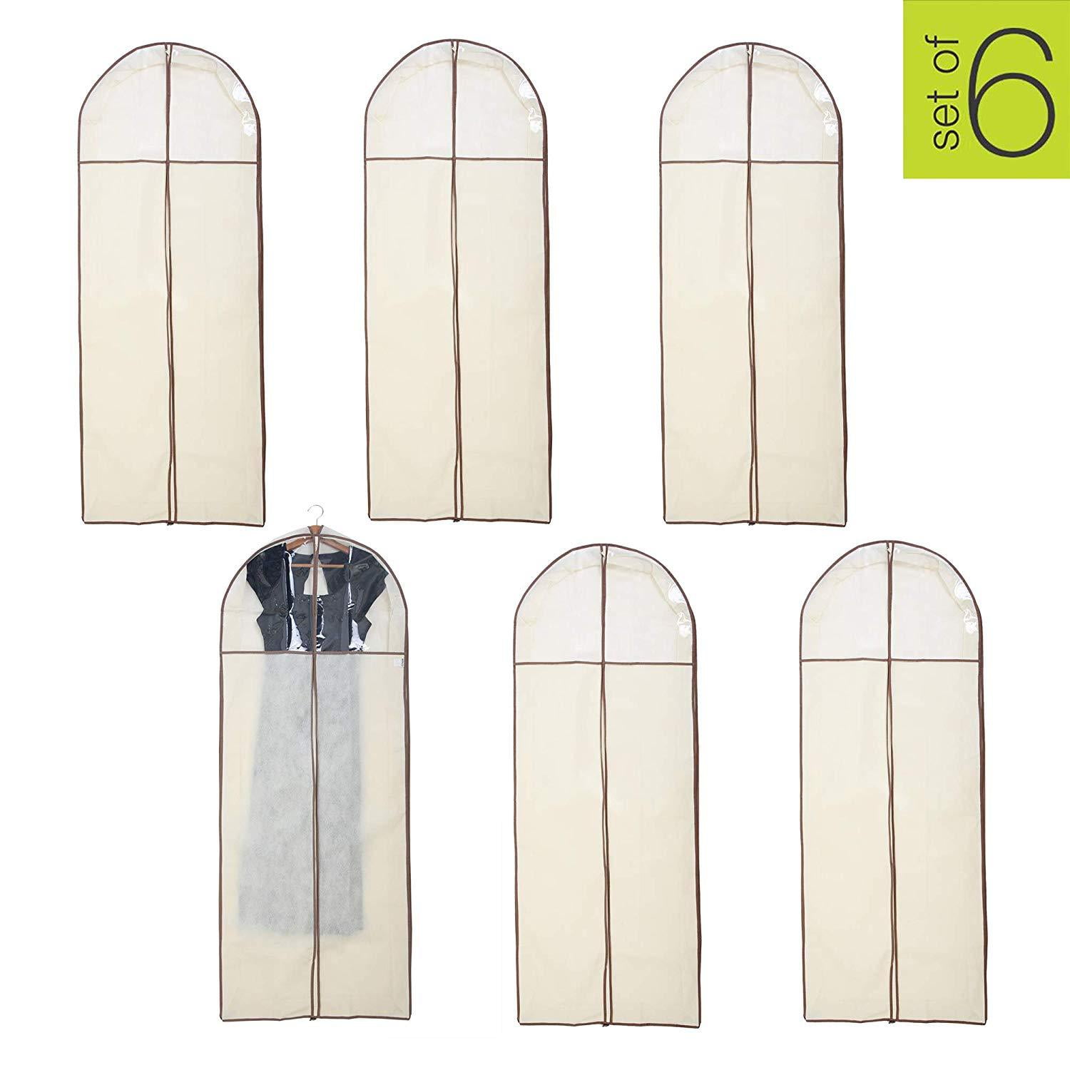 Smart Design Gusseted Garment Bag with Clear Window - Set of 6 - 24 x 62 Inch - Includes Zipper Closure and Travel Loop - Suits, Dresses, and Gowns Storage Organization - Beige