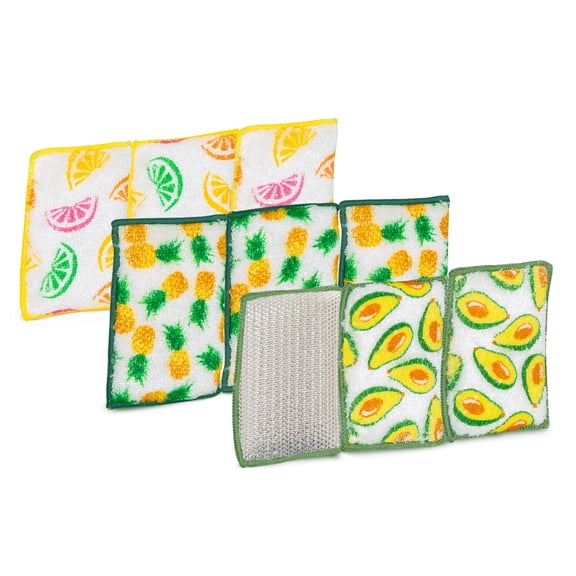 Smart Design Heavy Duty Scrub Sponge with Bamboo Odorless Rayon Fiber - Set of 9 - Ultra Absorbent - Pineapple, Citrus, Avocado Prints