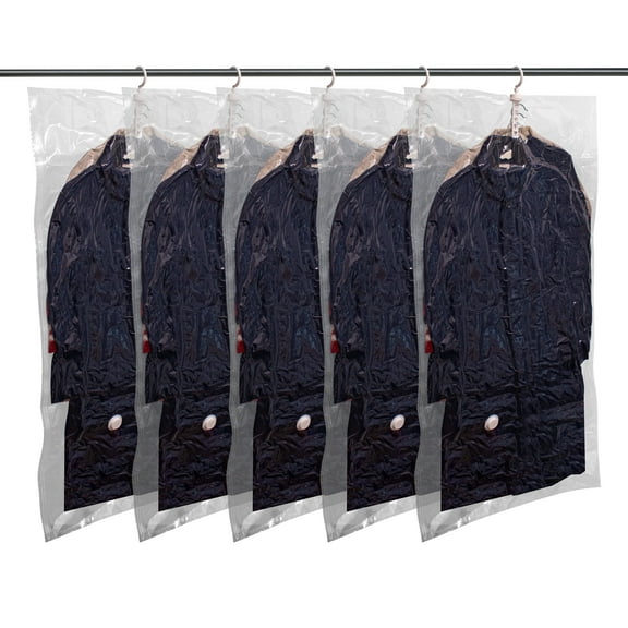 Hanging Vacuum Storage Bags,Hanging Vacuum Sealer Storage Space Saver Bags for Clothes, Suits, Coats, Dresses, Jackets, Reusable Compressed Vacuum Bags Closet Organizers,Long 5 Pack(53.1x27.6in)
