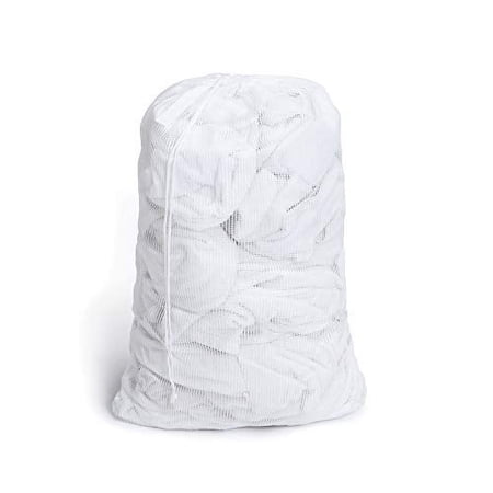 Smart Design Laundry Bag with Handle and Push Lock Drawstring - VentilAir Mesh Material - for Clothes, Sports and Laundry - Home Organization - Laundry Bags, White