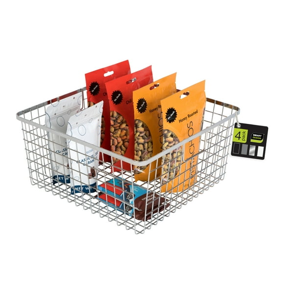 Smart Design Nestable Basket Organizer with Handles - 12 x 12 x 6 inches - Chrome - Set of 4