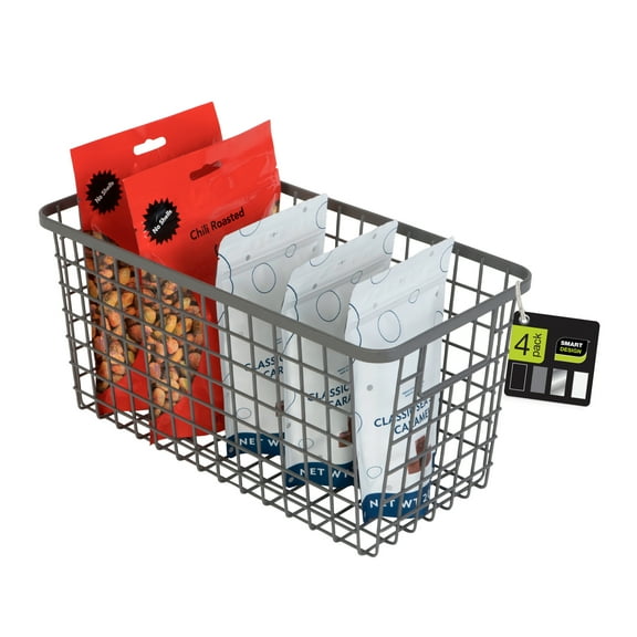 Smart Design Nestable Basket Organizer with Handles - 6 x 12 x 6 inches - Gunmetal - Set of 4