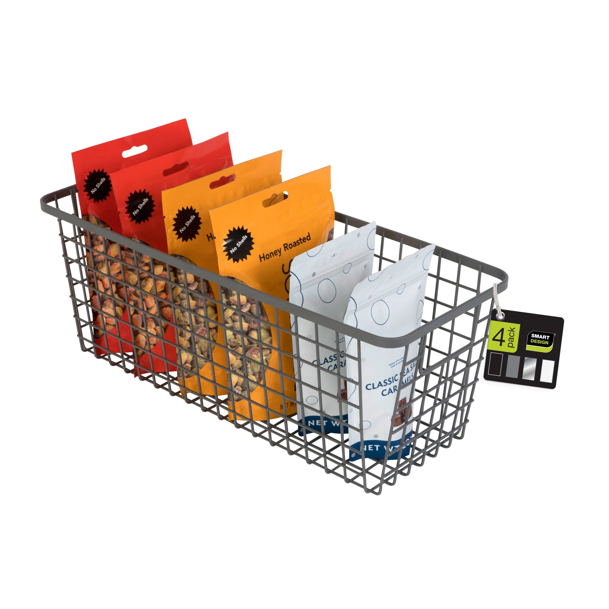 Smart Design Nestable Basket Organizer with Handles - 6 x 16 x 6 inches - Gunmetal - Set of 4