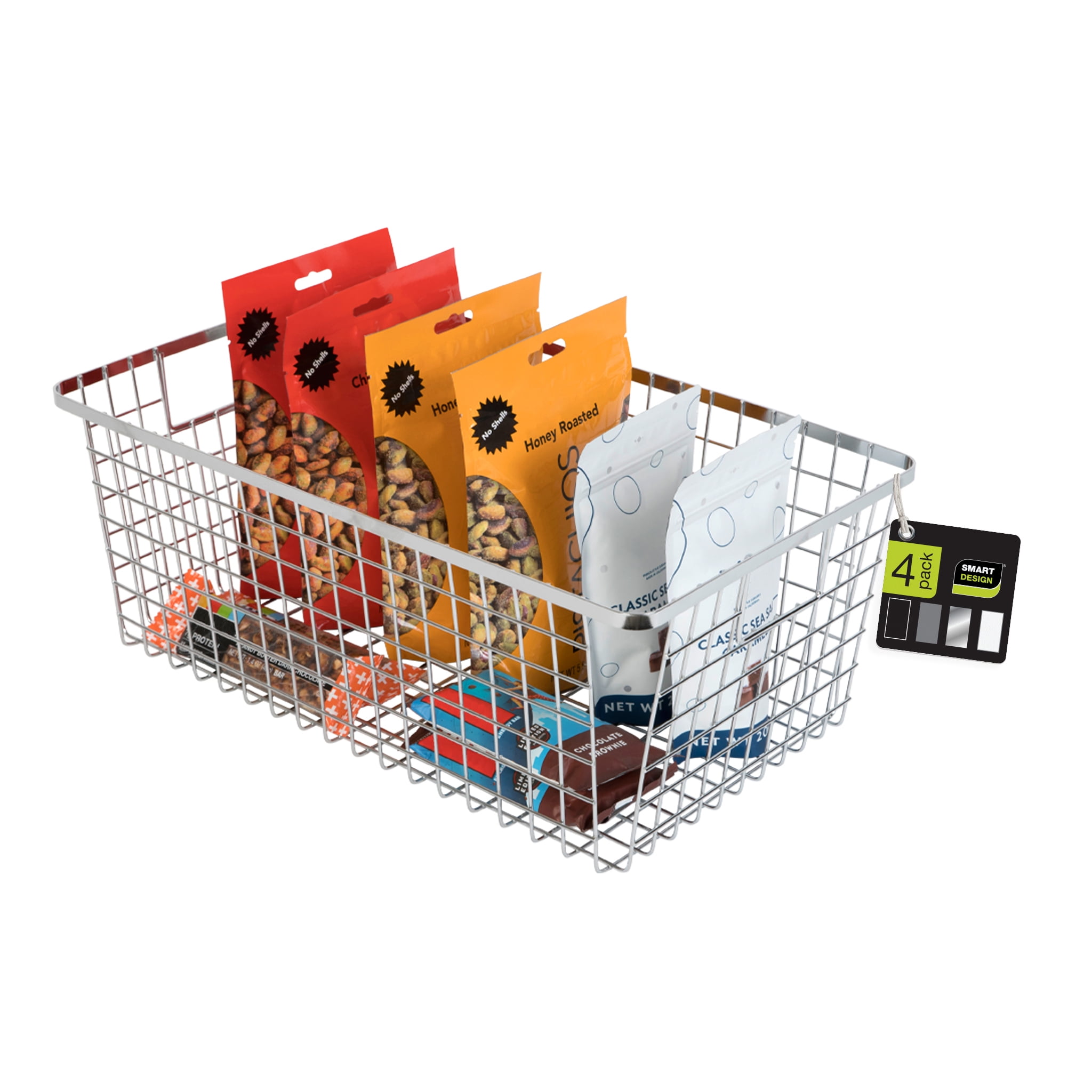 Smart Design Nestable Basket Organizer with Handles - 9 x 16 x 6 inches - Chrome - Set of 4