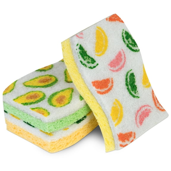 Smart Design Non-Scratch Cellulose Smart Scrub Sponge - Set of 3 - Ultra Absorbent - Ergonomic Shape - Cleaning, Dishes, & Hard Stains - Fruit Pattern - Orange, Green, Yellow