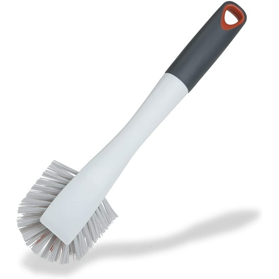Smart Design Non Scratch Wide Brush with Scraper Tip - Non-Slip Handle - Long Lasting Bristles - Odor Resistant - Dishwasher Safe - Cleaning Pots Pans and Kitchen Sink - 11 inch - Gray & Sunset Orange