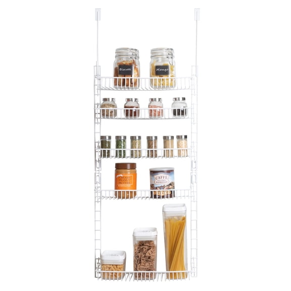 Smart Design Over the Door Adjustable Pantry Organizer Rack w/ 5 Adjustable Shelves - Steel Metal - White