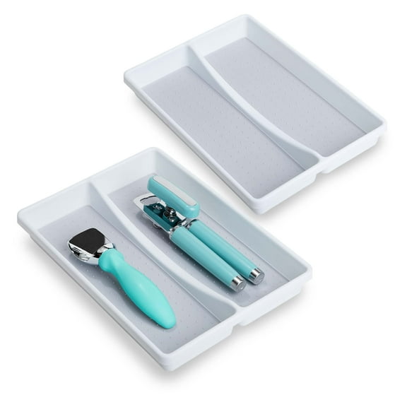 Smart Design Plastic Drawer Organizer - 2-Compartment - Non-Slip Lining & Feet - BPA Free - Utensils, Flatware, Office, Personal Care, or Makeup Storage - Kitchen [White with Gray] - Set of 2
