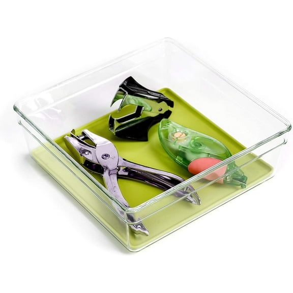 Smart Design Plastic Drawer Organizer - 6 x 6 Inch - Silicone Bottoms - BPA Free - Makeup Tray, Vanity, Utensils, Silverware Storage Bin - Kitchen - Green