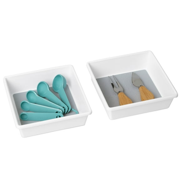 Smart Design Plastic Drawer Organizer - Set of 2 - 6.75 x 6.75 Inch - Non-Slip Lining and Feet - BPA Free â€“ Utensils, Flatware, Office, Personal Care, or Makeup Storage - White and Gray