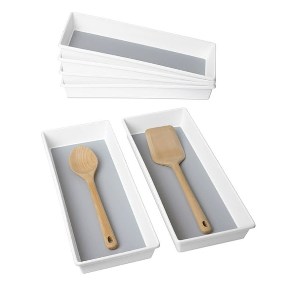 Smart Design Plastic Drawer Organizer - Set of 6 - 16 x 6.75 Inch - Non-Slip Lining and Feet - BPA Free Utensils, Flatware, Office, Personal Care, or Makeup Storage - White and Gray