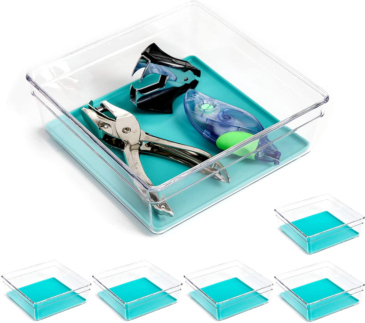 Smart Design Plastic Drawer Organizer - Set of 6 - 6 x 6 Inch - Silicone Bottoms - BPA Free - Utensils, Silverware, Organization - Kitchen - Blue
