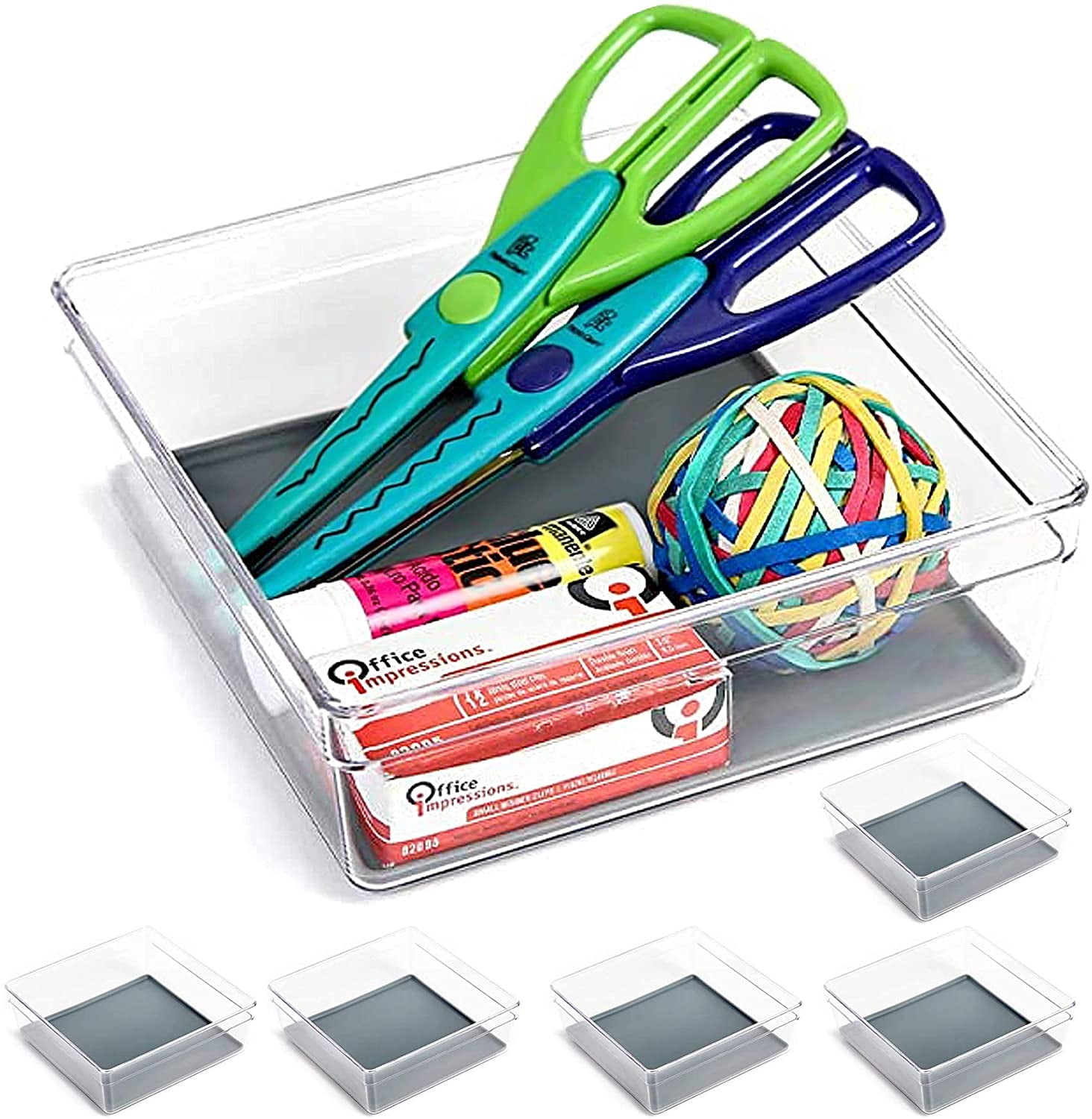 Smart Design Plastic Drawer Organizer - Set of 6 - 6 x 6 Inch - Silicone Bottoms - BPA Free - Utensils, Silverware, Organization - Kitchen - Gray