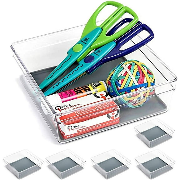 Smart Design Plastic Drawer Organizer - Set of 6 - 6 x 6 Inch - Silicone Bottoms - BPA Free - Utensils, Silverware, Organization - Kitchen - Gray