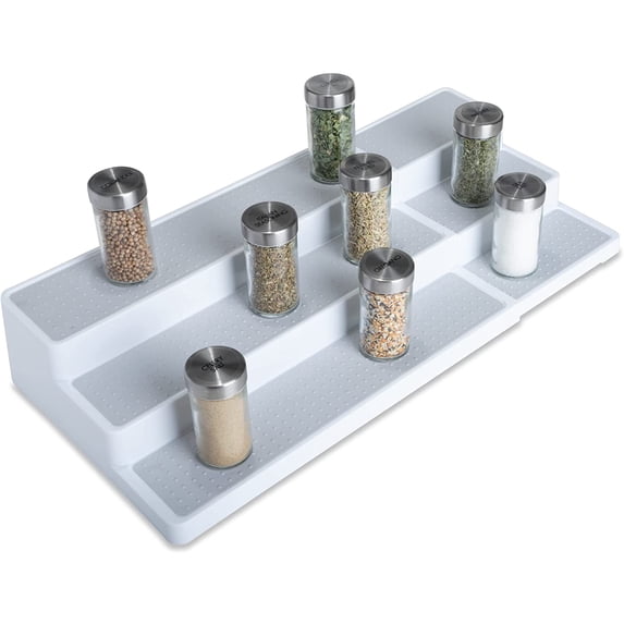 Smart Design Plastic Expandable 3-Tier Spice Rack - Non-Slip Lining and Feet - BPA Free - Cupboard, Jars, Cans, Cabinet, Countertop, Pantry, Storage, Kitchen Organizer - White with Gray