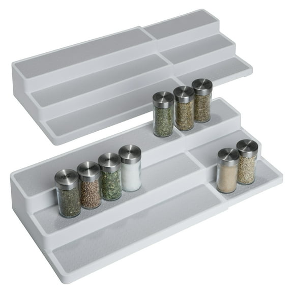 Smart Design Plastic Expandable Spice Rack - 3-Tier - Non-Slip Lining & Feet - BPA Free - Cupboard, Jars, Cans, Cabinet, Countertop, Pantry, Storage, Kitchen Organizer [White with Gray] - Set of 2