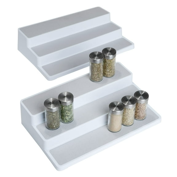 Smart Design Plastic Spice Rack - 3-Tier - Non-Slip Lining & Feet - BPA Free - Cupboard, Jars, Cans, Cabinet, Countertop, Pantry, Storage, Kitchen Organizer [White with Gray] - Set of 2