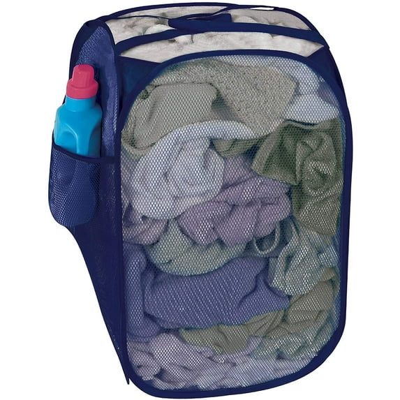 Smart Design Pop Up Laundry Hamper with Easy Carry Handles and Side Pocket - Durable Mesh Fabric - Collapsible Design - Clothes and Laundry - Home Organization - Holds 2 Loads - 13 x 21 Inch - Blue