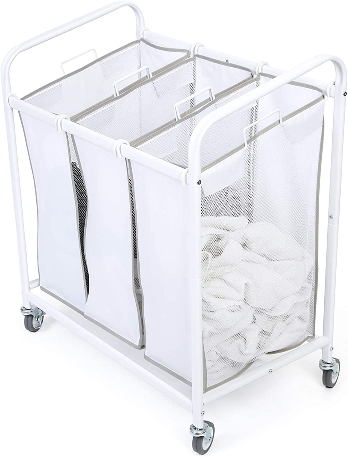 Smart Design Premium Rolling 3 Compartment Mesh Laundry Sorter Hamper w/ Wheels & Handles - Steel Metal Frame - VentilAir Fabric Design - Clothes & Laundry - Home Organization (Holds 9 Loads) [White]