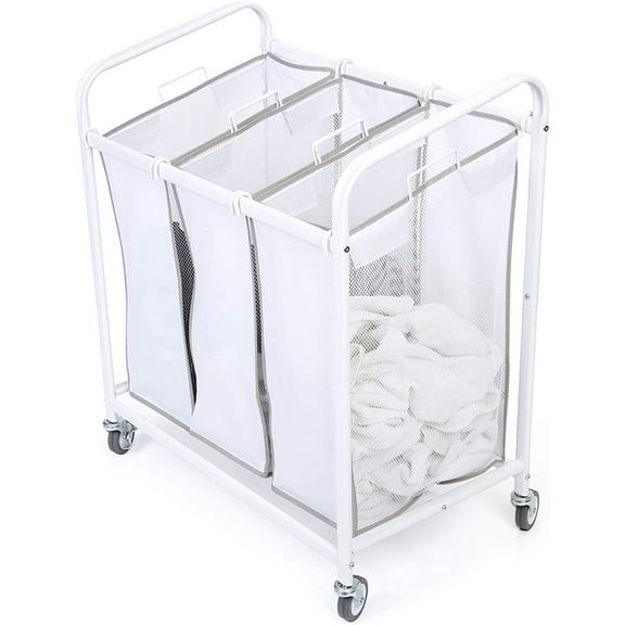 Smart Design Premium Rolling 3 Compartment Mesh Laundry Sorter Hamper w/ Wheels & Handles - Steel Metal Frame - VentilAir Fabric Design - Clothes & Laundry - Home Organization (Holds 9 Loads) [White]