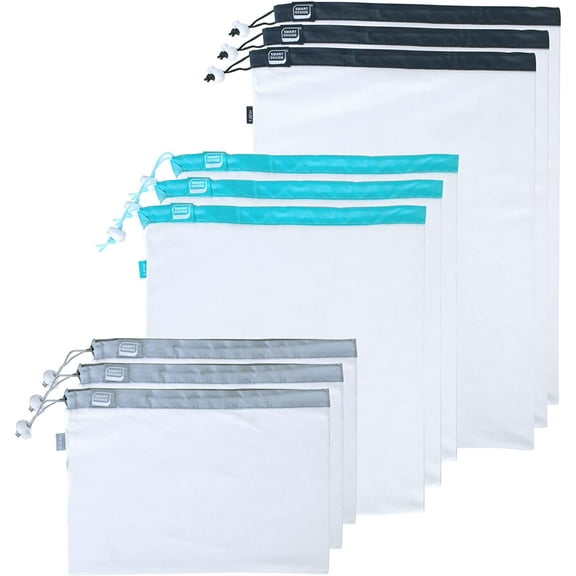 Smart Design Reusable Mesh Produce Bags - 9-Pk - Machine Washable - Eco-Friendly - Multi-Purpose, Snacks, Vegetables, Fruits, Foods, Freezer, Shopping & Storage - Kitchen Organization [White]