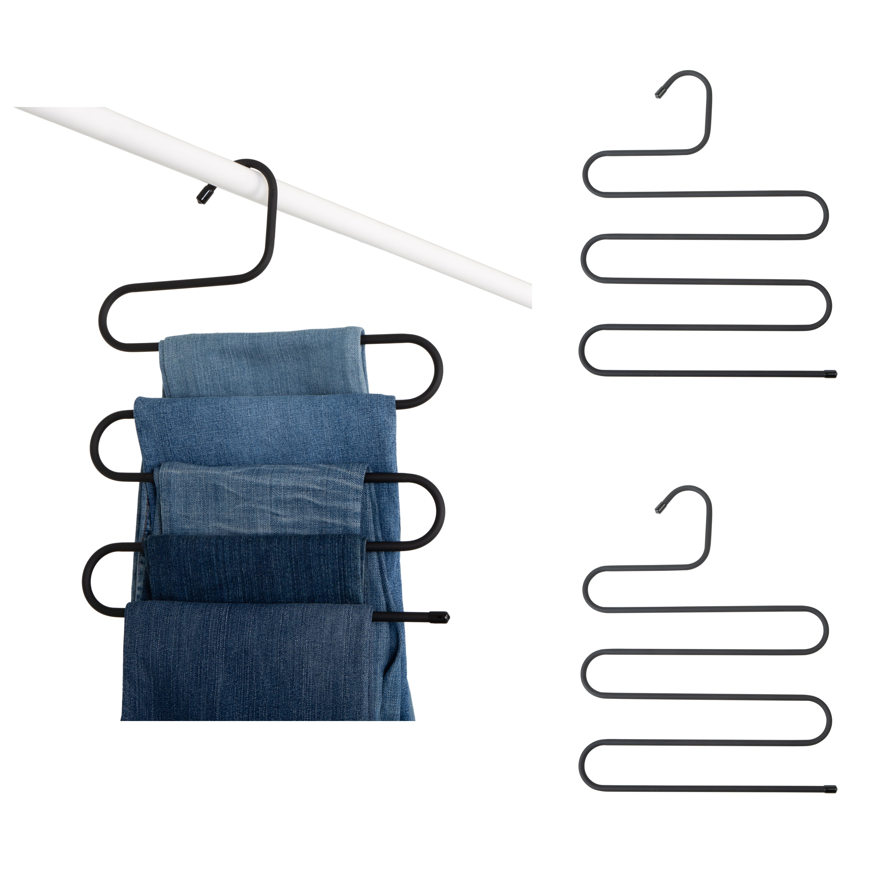 Smart Design Rubberized Stainless Steel Pant Hangers - Set of 3 - Sturdy Space Saving 5-Tier S-Type Rack - Metal Closet Organizer for Multiple Jeans, Clothes, Skirts and Trousers Storage - Black