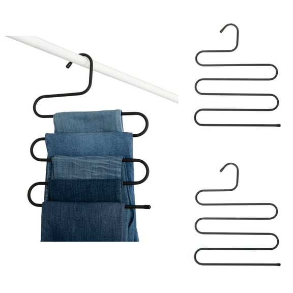 Smart Design Rubberized Stainless Steel Pant Hangers - Set of 3 - Sturdy Space Saving 5-Tier S-Type Rack - Metal Closet Organizer for Multiple Jeans, Clothes, Skirts and Trousers Storage - Black