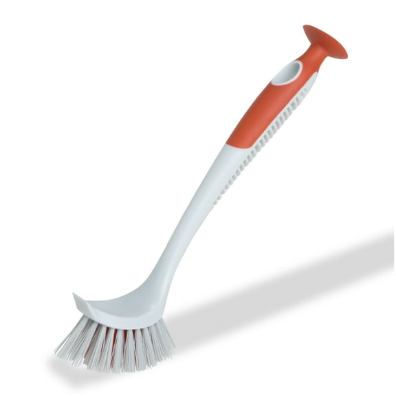 Smart Design Scrub Brush with Suction Handle - Scraper Edge - Non-Slip Handle - Non-Scratch - Long Lasting Bristles - Cleaning Pots, Pans and Sinks - 10.5 inch - Gray and Sunset Orange