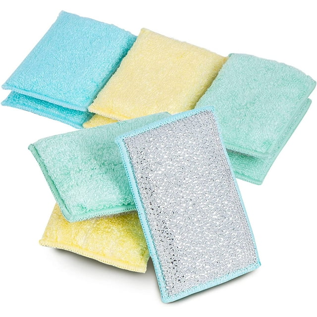 Smart Design Scrub Sponge with Bamboo Odorless Rayon Fiber - Set of 9 - Ultra Absorbent - Soft and Metallic Scrub - Cleaning, Dishes, and Hard Stains - Kitchen - Heavy Duty - Yellow, Mint, Blue