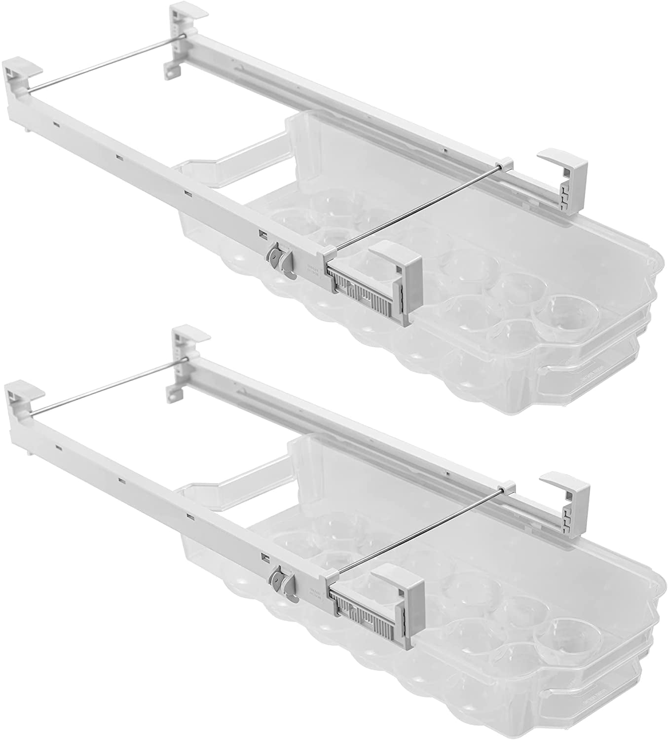 Smart Design Sliding Egg Drawer with Extendable Rails Set of 2 - Holds 18 Eggs Each - Adjustable Hooks - BPA Free - Clear Food Storage Container for Fridge or Freezer - Pull Out Organizer Bin
